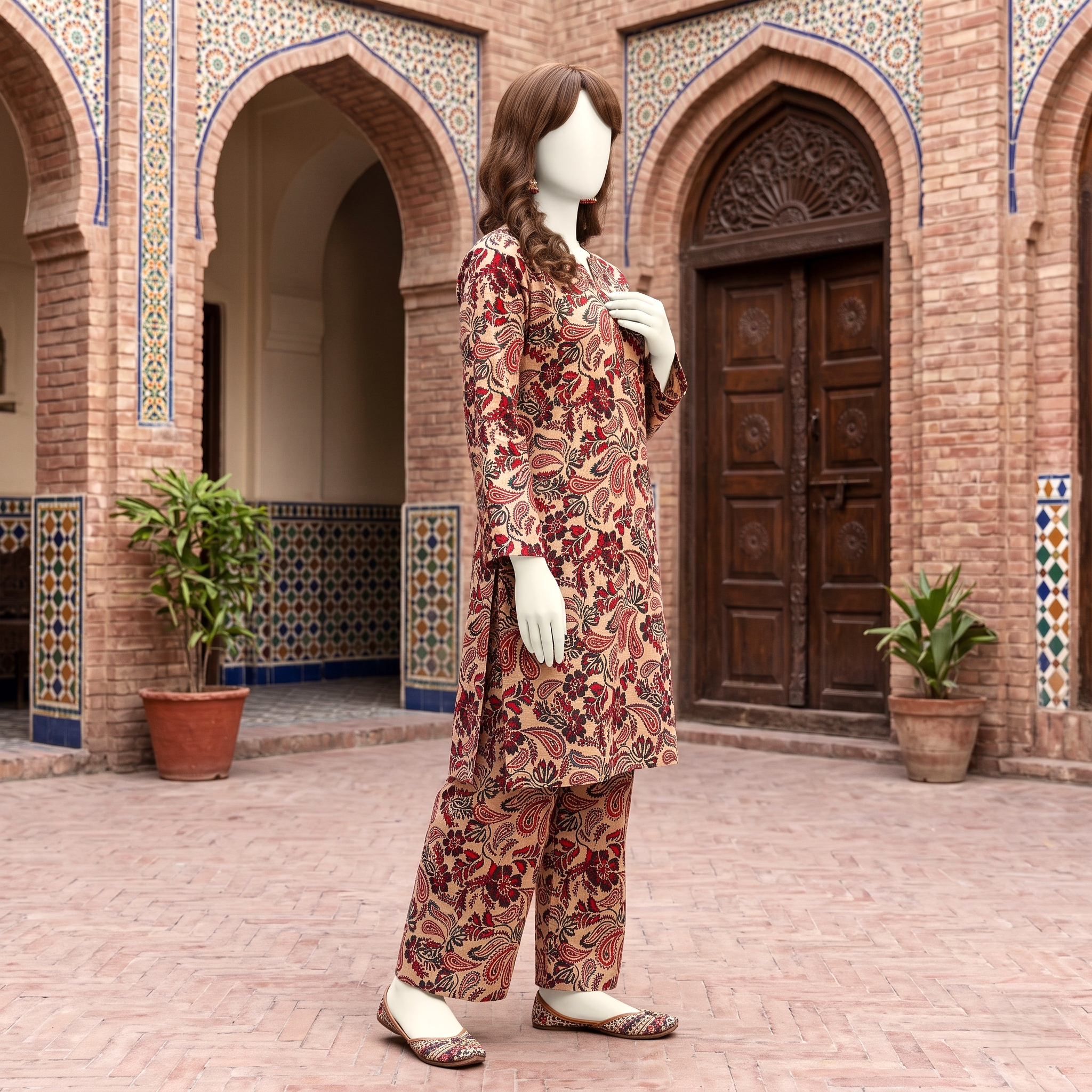 Side view of the red and black unstitched lawn suit, showcasing the intricate patterns from ZH2 Store.