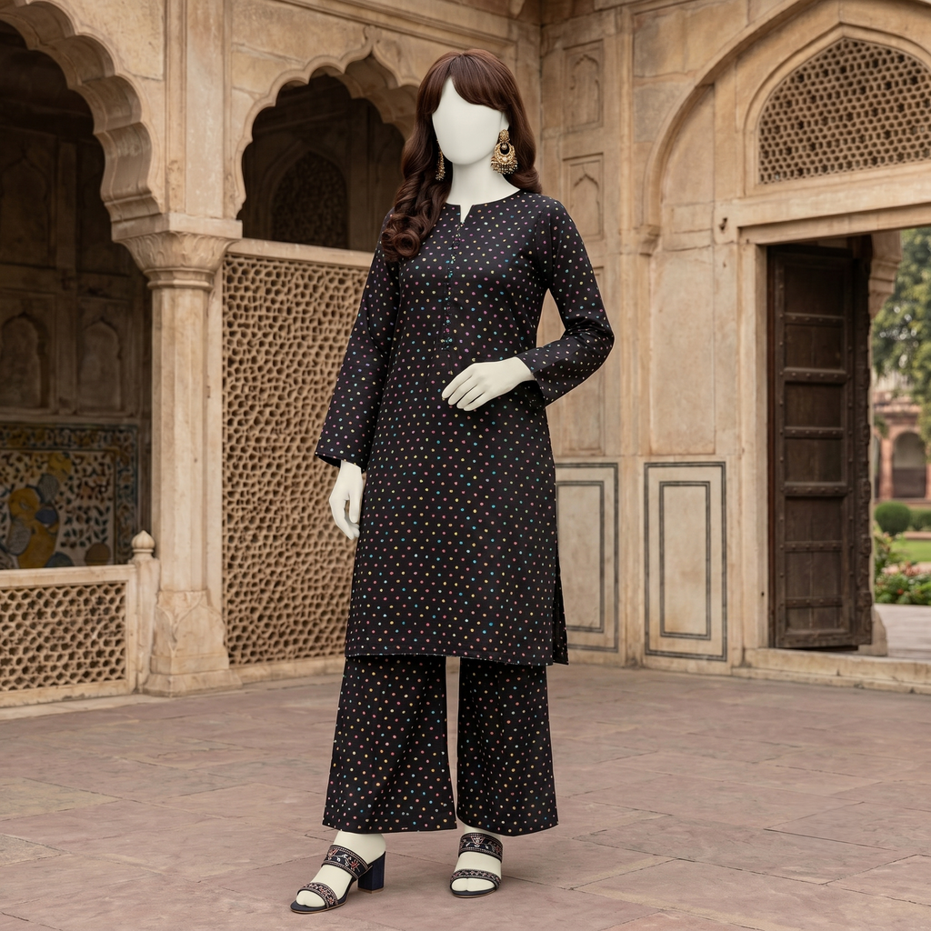 Stylish black 2-piece unstitched cotton suit with multicolored polka dot print, premium breathable fabric for women.