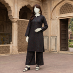 Stylish black 2-piece unstitched cotton suit with multicolored polka dot print, premium breathable fabric for women.