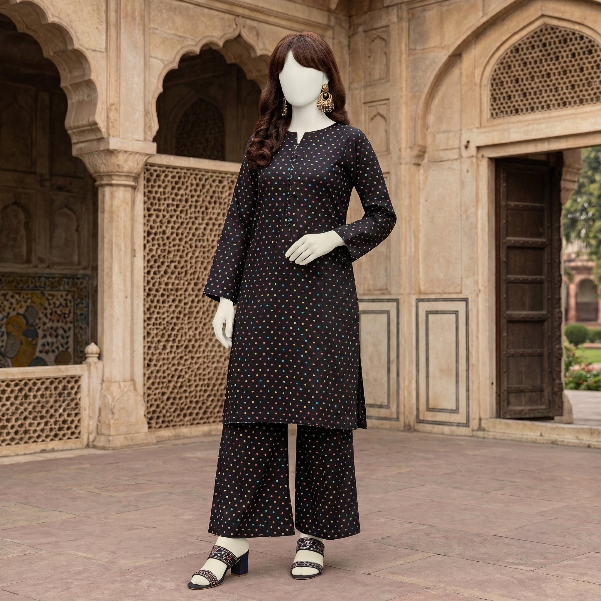 Stylish black 2-piece unstitched cotton suit with multicolored polka dot print, premium breathable fabric for women.