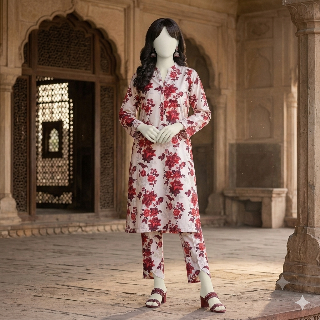 "Woman wearing a premium cotton-silk unstitched 2-piece suit with vibrant floral prints from ZH2 Store."