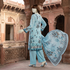 ZH2 Store 3-piece unstitched printed lawn suit with floral patterns on a mannequin.