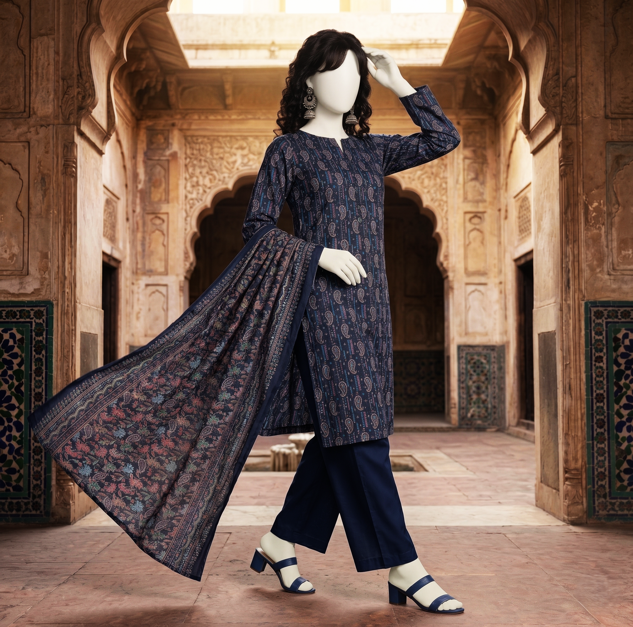 ZH2 Store Navy Blue Paisley Printed 3-Piece Unstitched Lawn Suit