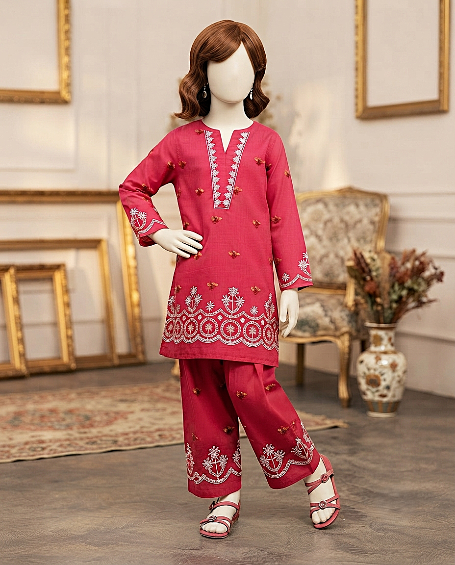 view of the kids unstitched embroidered lawn outfit showing detailed shirt and trousers