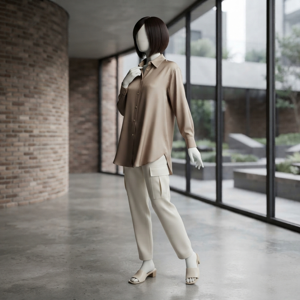 A mannequin styled in a coffee-colored silk formal shirt with neutral trousers, set against an elegant brick-wall background.