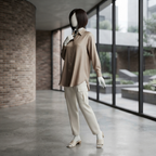 A mannequin styled in a coffee-colored silk formal shirt with neutral trousers, set against an elegant brick-wall background.