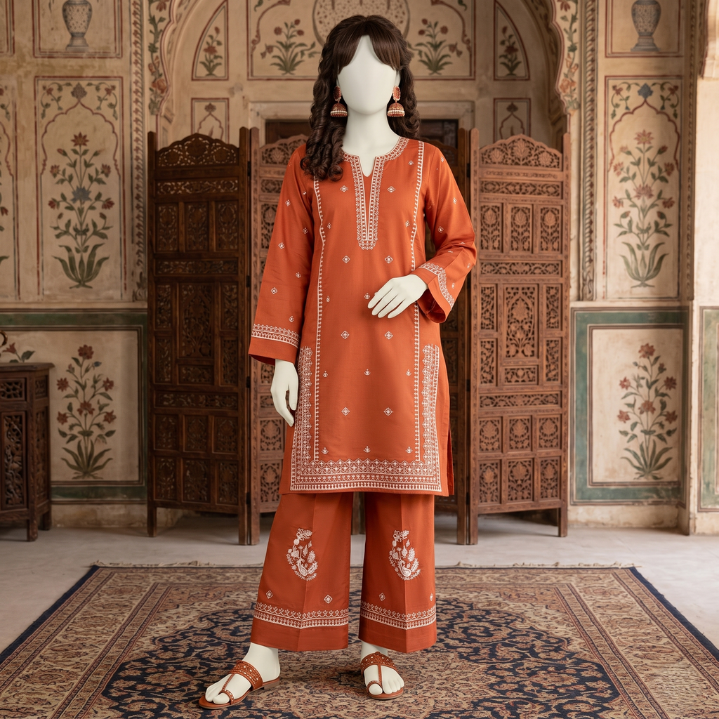 Premium 2-piece printed unstitched lawn suit collection by ZH2 Store, featuring a 2.2-meter shirt and 2.2-meter trouser fabric with intricate floral and ethnic designs displayed on a mannequin.