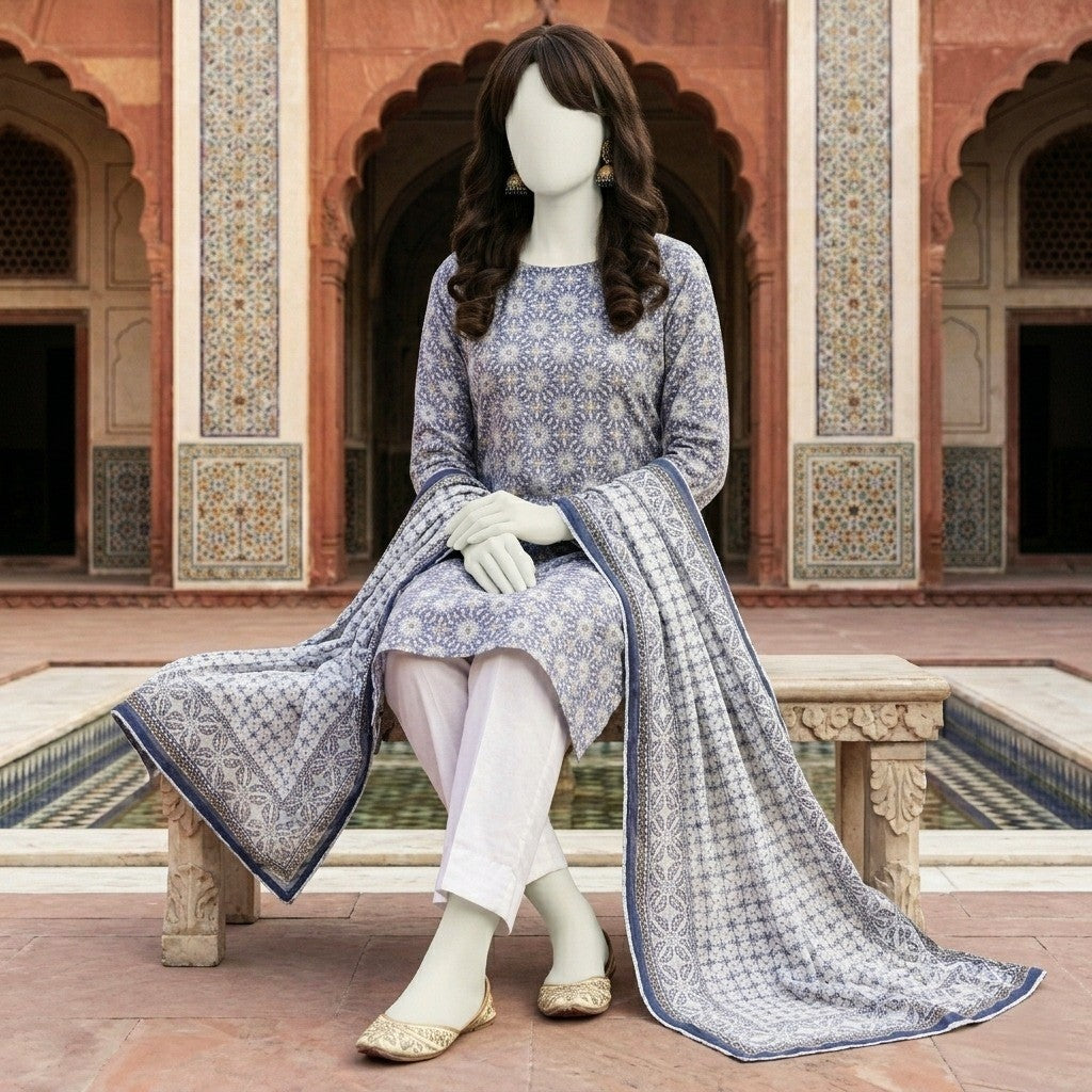 ZH2 Store Elegant Blue Geometric Printed 3-Piece Unstitched Lawn Suit