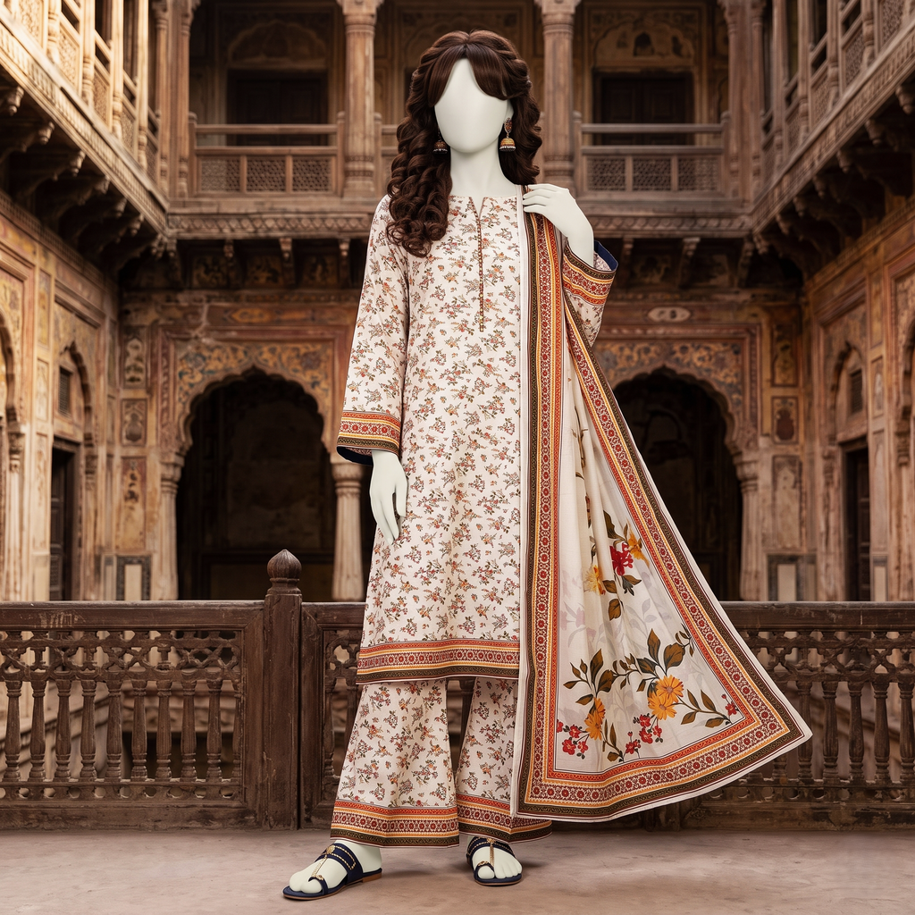 A light-toned floral printed unstitched 3-piece lawn suit displayed on a mannequin, demonstrating the soft texture and classic design available at ZH2 Store.