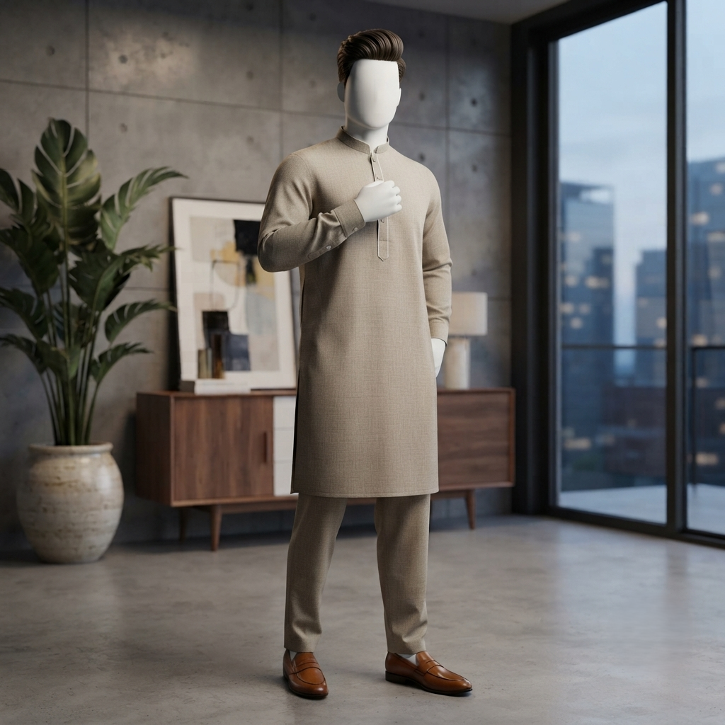 A mannequin modeling the Earthy Brown Khaddar 2-piece Shalwar Kameez from ZH2 Store.