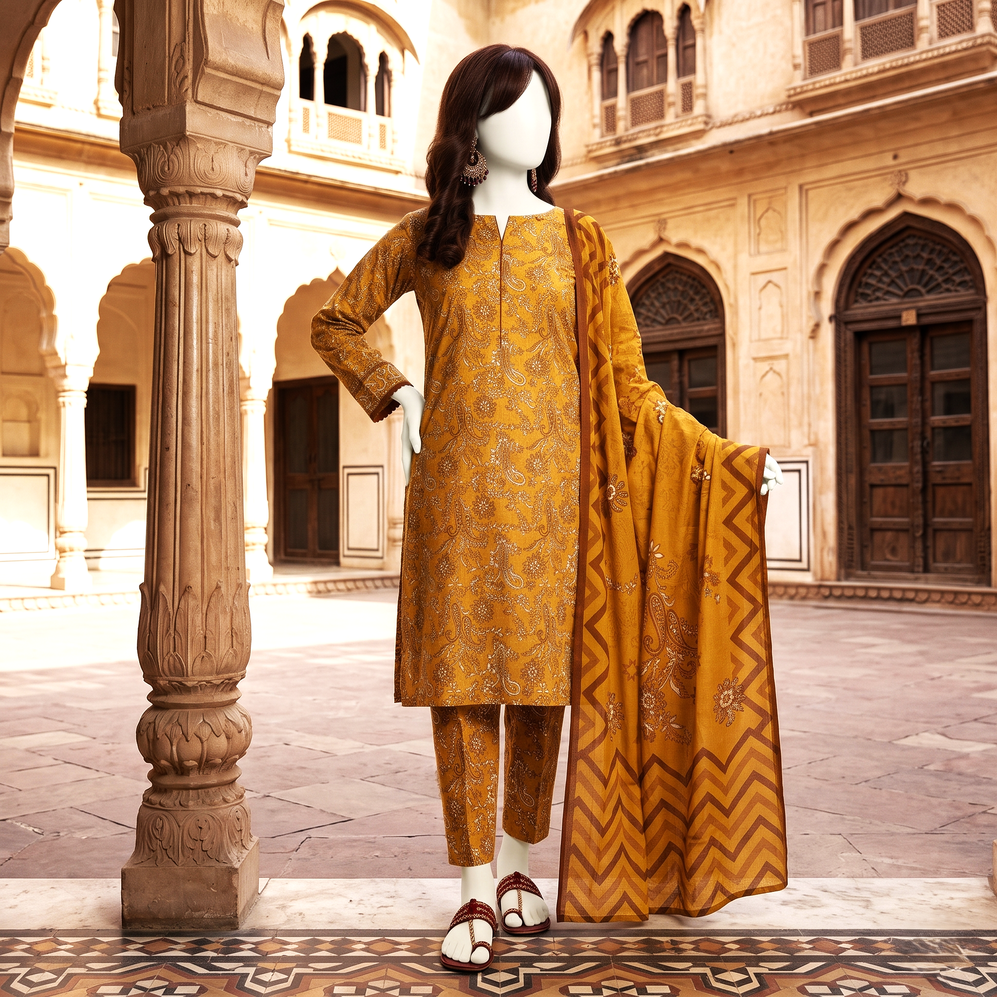 Side view of the mustard yellow unstitched lawn suit, highlighting the intricate print design from ZH2 Store.