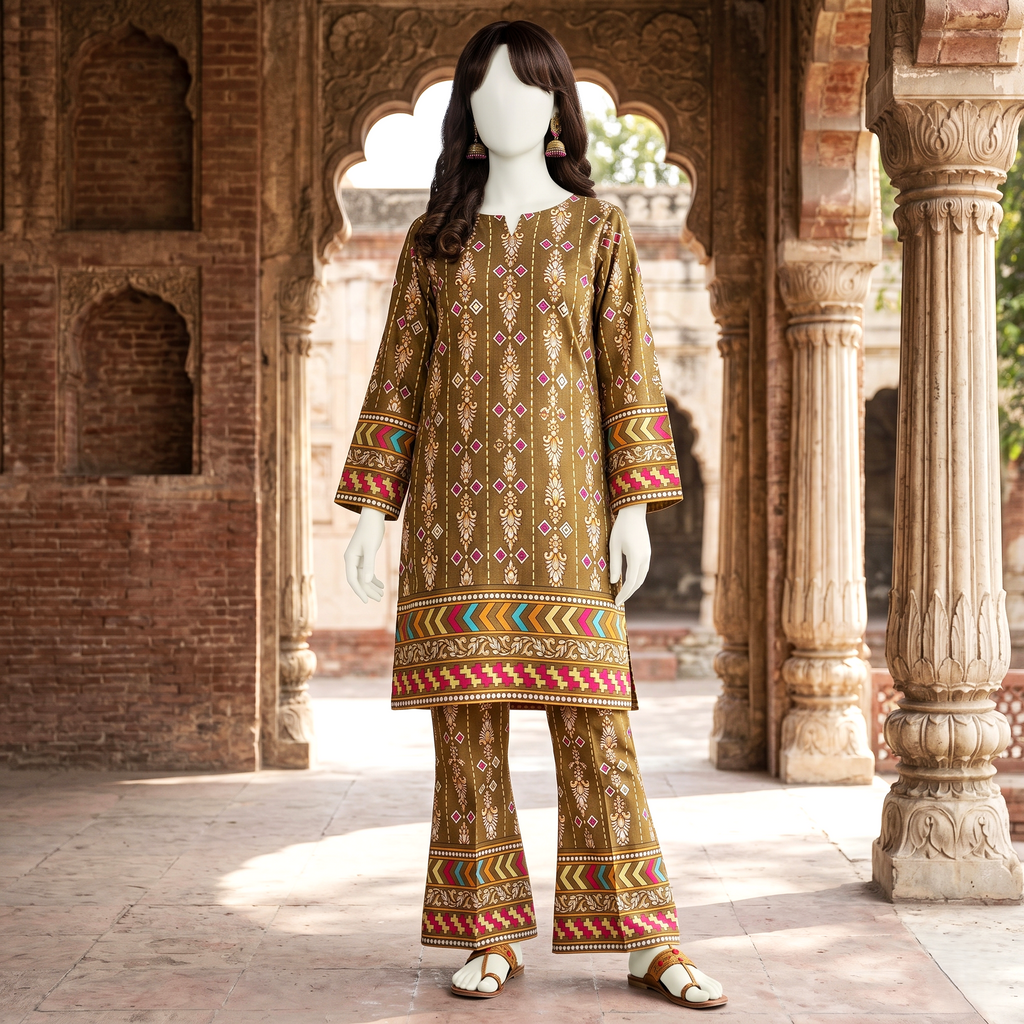 ZH2 Store premium printed cotton lawn 2-piece unstitched suit in olive brown.