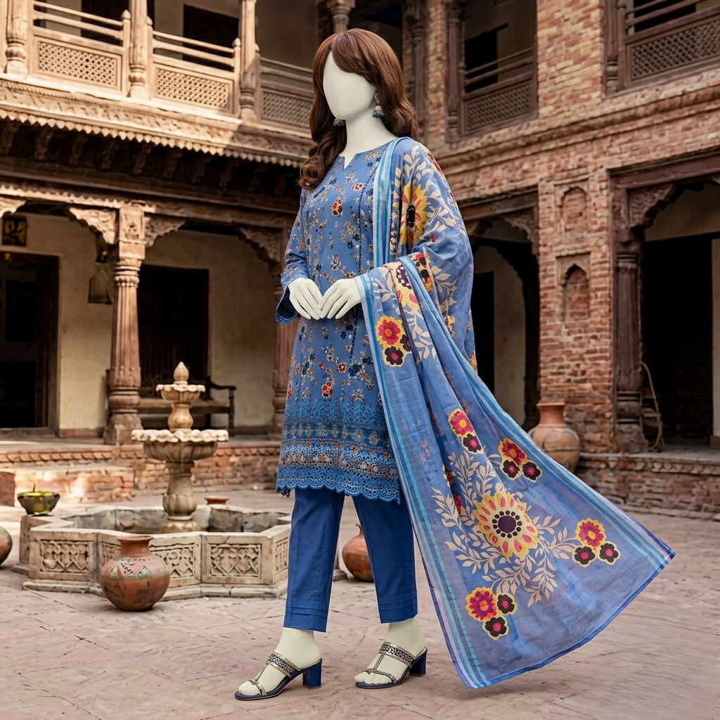 ZH2 Store 3-piece unstitched printed lawn suit featuring fine floral vine motifs on a mannequin.
