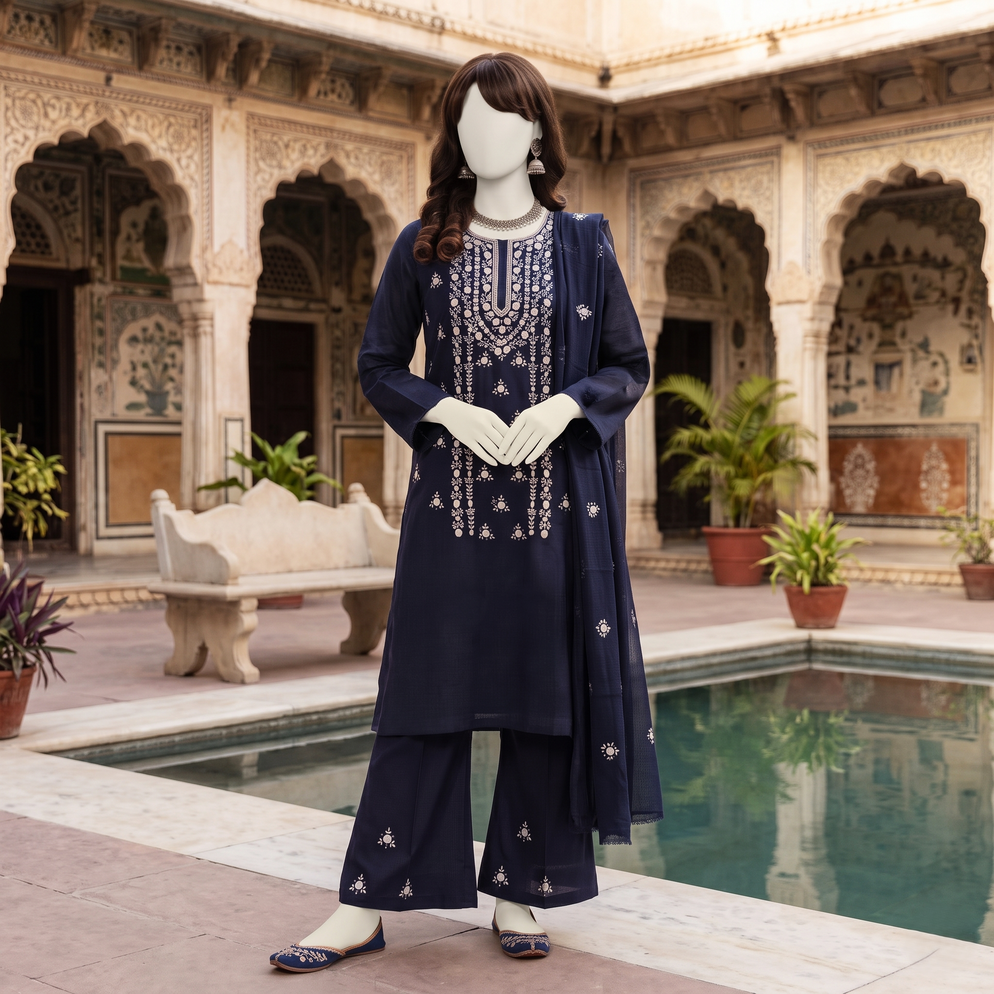 Elegant 3-piece unstitched lawn suit with colorful intricate embroidery on the shirt and trousers, paired with a matching embroidered dupatta, displayed on a mannequin.