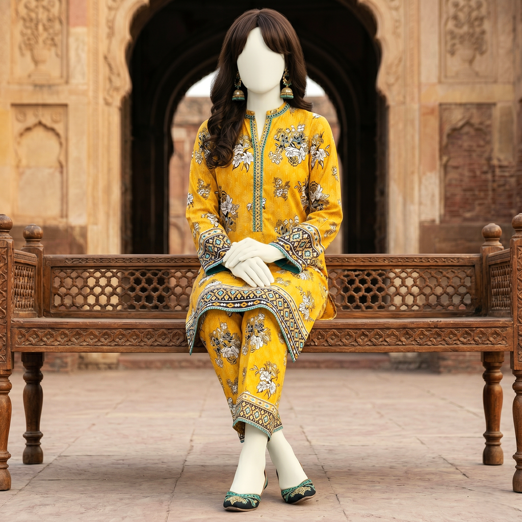 Mustard yellow premium cotton lawn 2-piece unstitched suit with floral print and detailed chunri border.