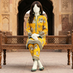 Mustard yellow premium cotton lawn 2-piece unstitched suit with floral print and detailed chunri border.