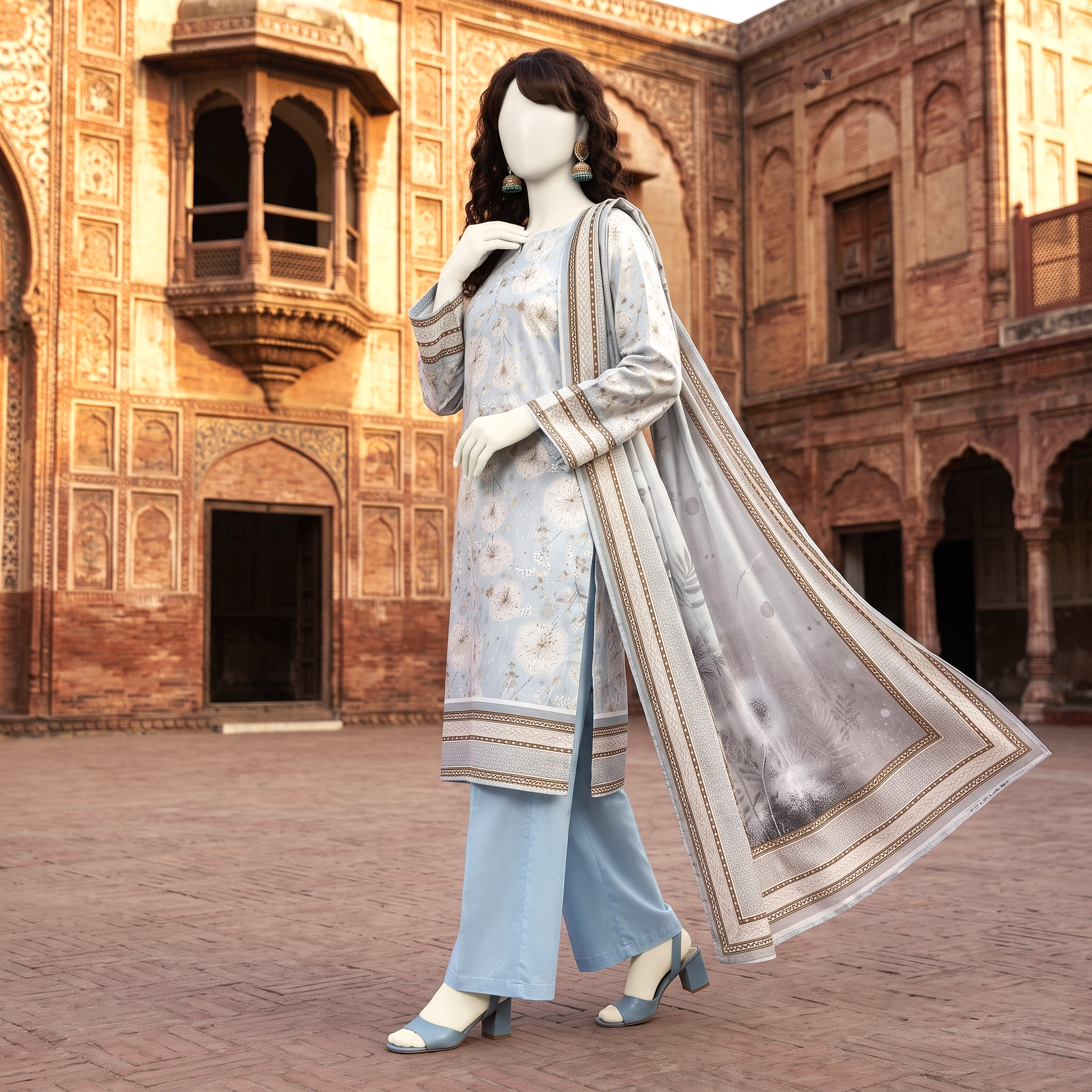 A profile view of a mannequin showcasing a sky blue floral-printed 3-piece unstitched lawn suit with a flowing dupatta in a traditional outdoor environment.