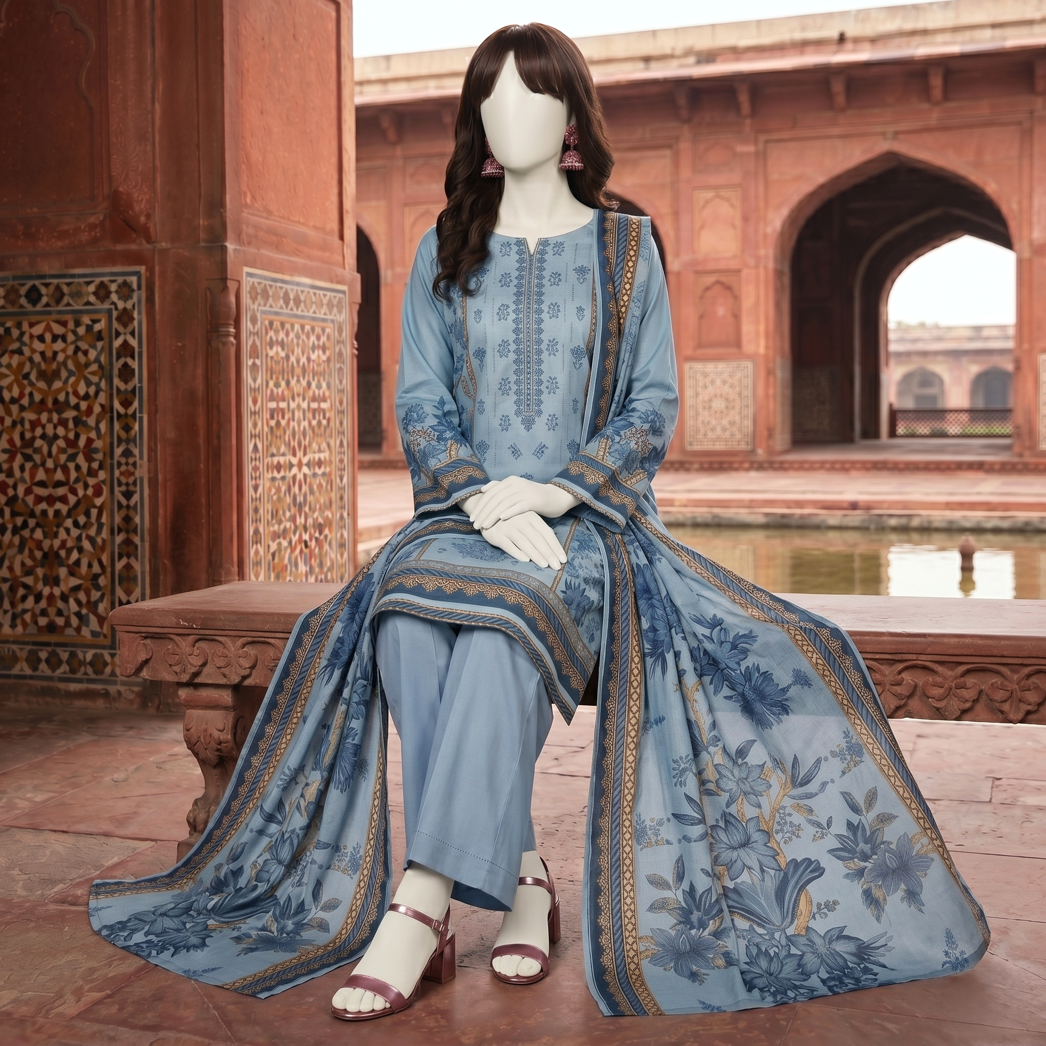 ZH2 Store Blue 3-Piece Unstitched Printed Lawn Suit