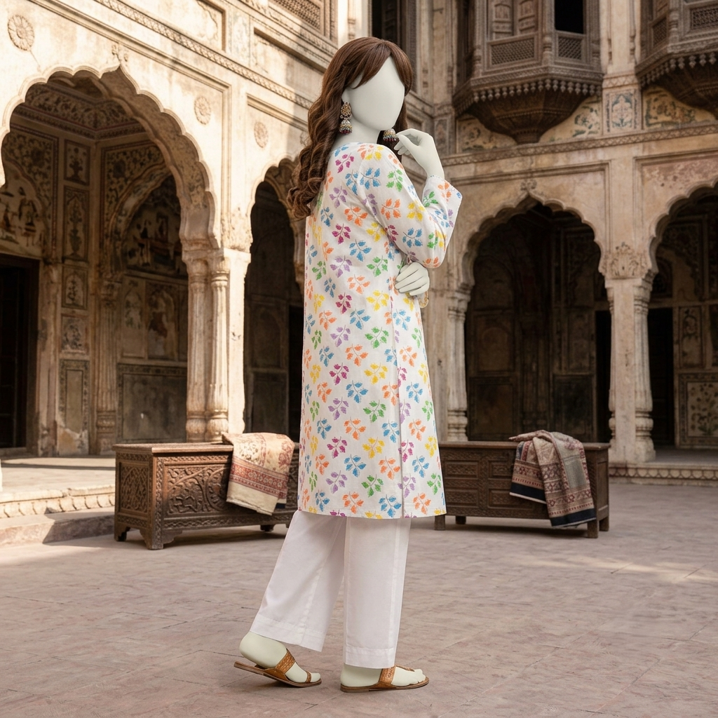 Full view of the multi-colored leaf print 2-piece lawn suit, highlighting the elegant drape and design available at ZH2 Store.