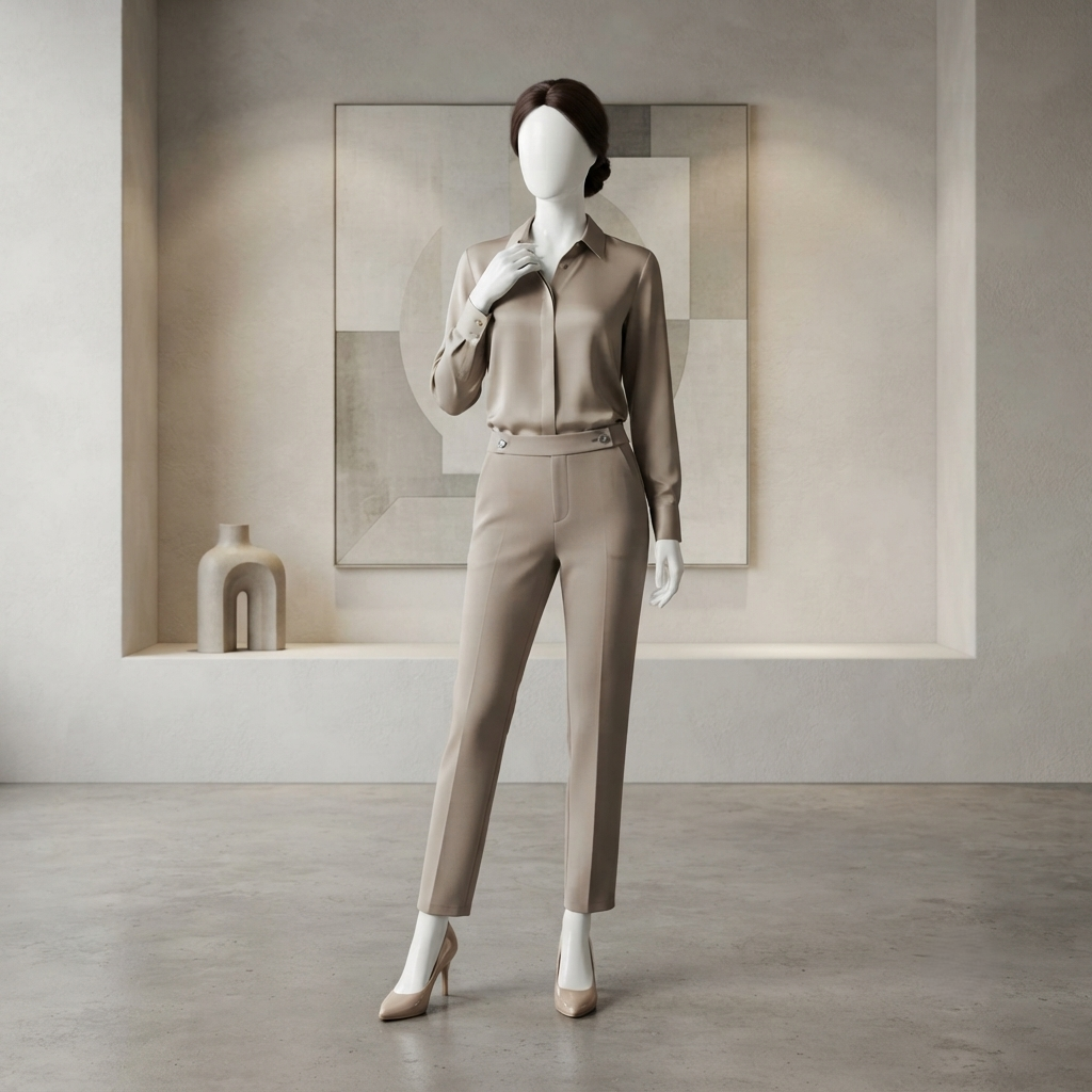 Mannequin wearing professional dress pants in a modern office setting, ZH2 Store.