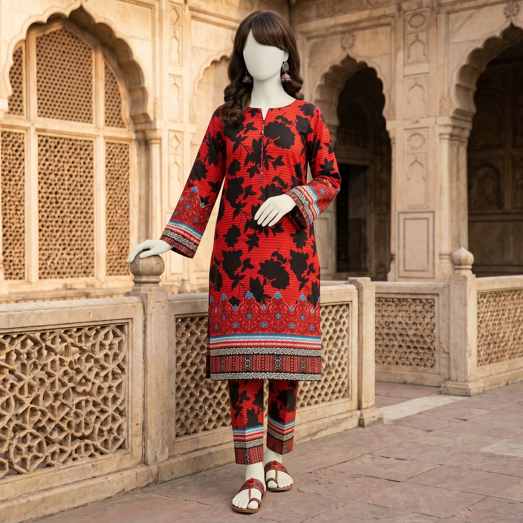 Premium 2-piece unstitched cotton lawn suit with floral print and traditional chunri border by ZH2 Store.