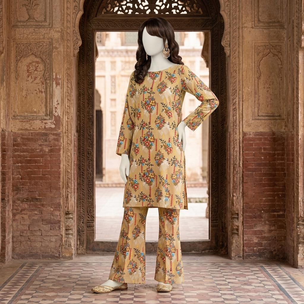 "Woman wearing premium cotton-silk unstitched 2-piece suit in Vintage yellow print from ZH2 Store"