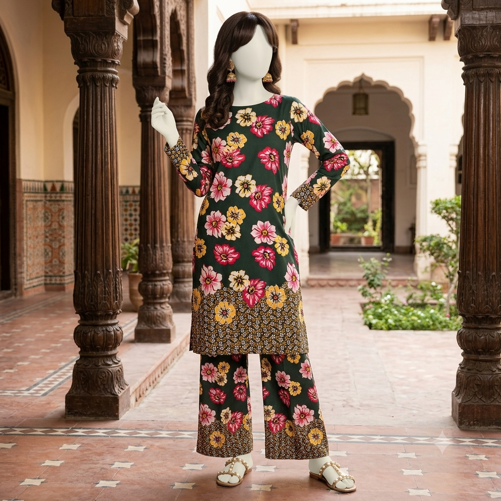 Mannequin wearing a 2-piece unstitched forest green cotton silk suit featuring bold pink and yellow floral prints and a detailed chunri border.