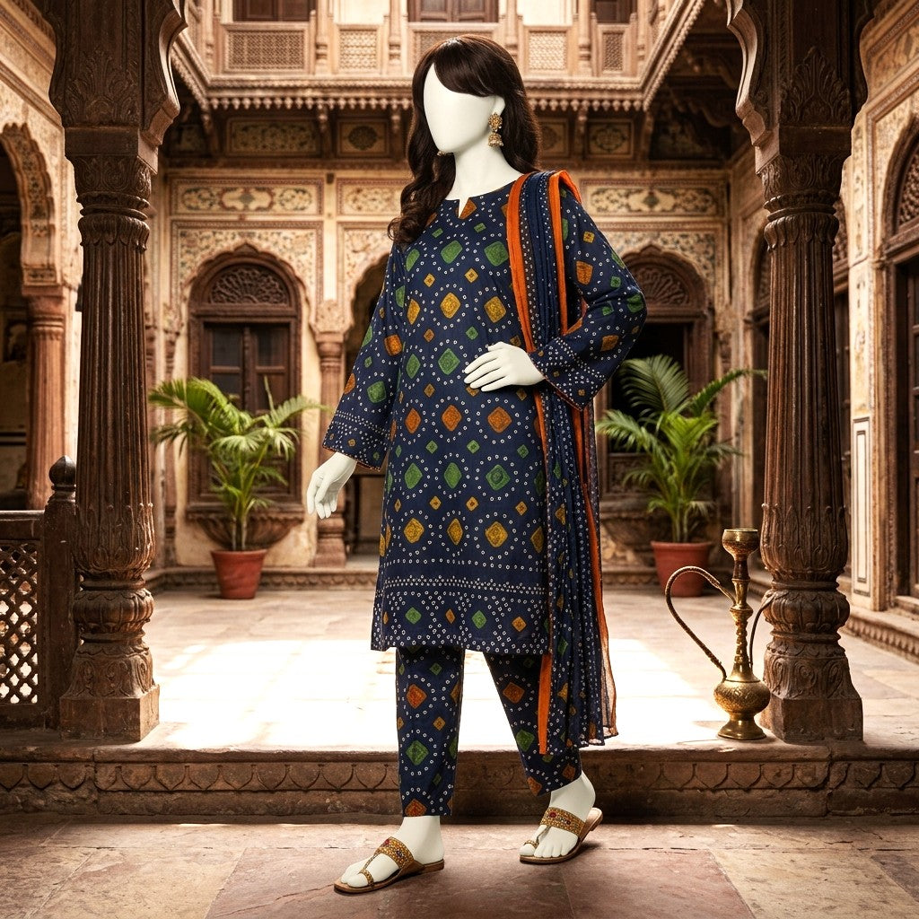 A mannequin in a seated pose, featuring the blue printed lawn suit in a traditional architectural setting.