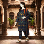 A mannequin in a seated pose, featuring the blue printed lawn suit in a traditional architectural setting.