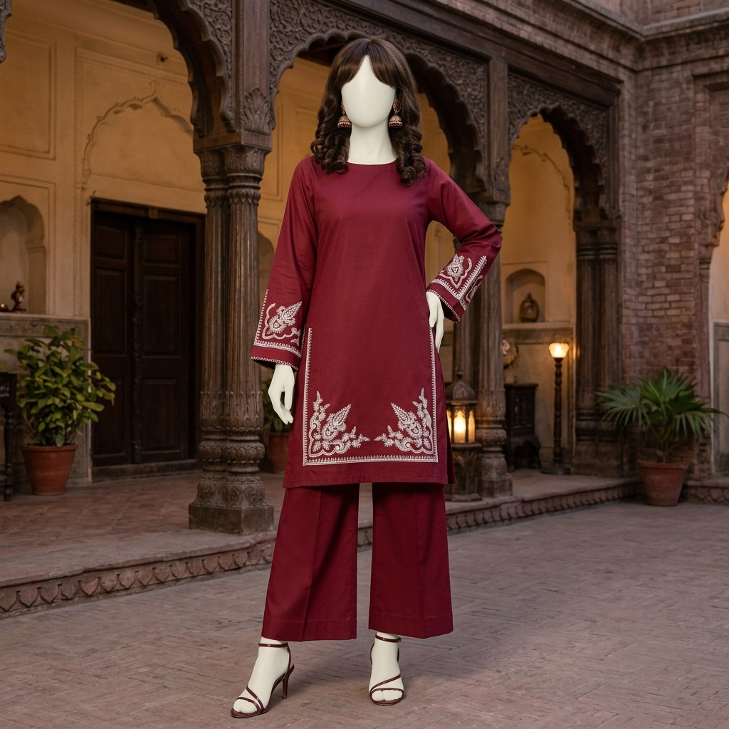 Premium 2-piece embroidered unstitched lawn suit collection by ZH2 Store, featuring a 1.2-meter embroidered shirt and 2.2-meter trouser fabric with intricate ethnic designs displayed on a mannequin.