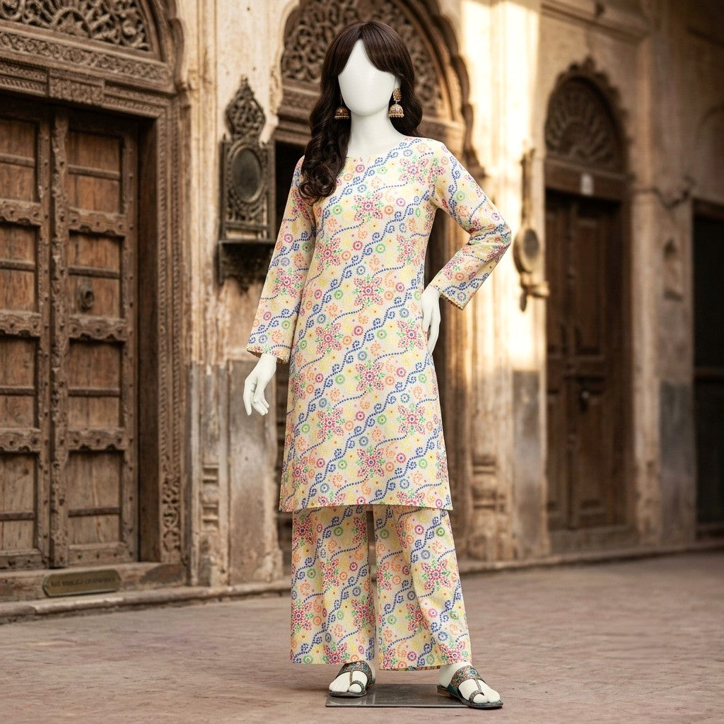 A mannequin wearing a  3-piece unstitched lawn suit.