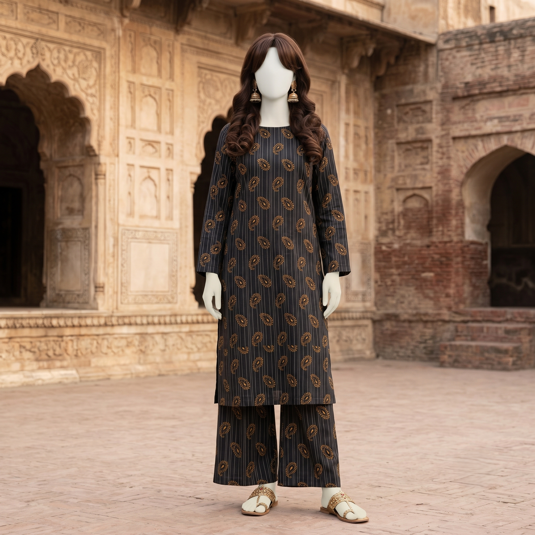 "Mannequin wearing a premium 2-piece unstitched cotton silk suit with  paisley print - ZH2 Store."
