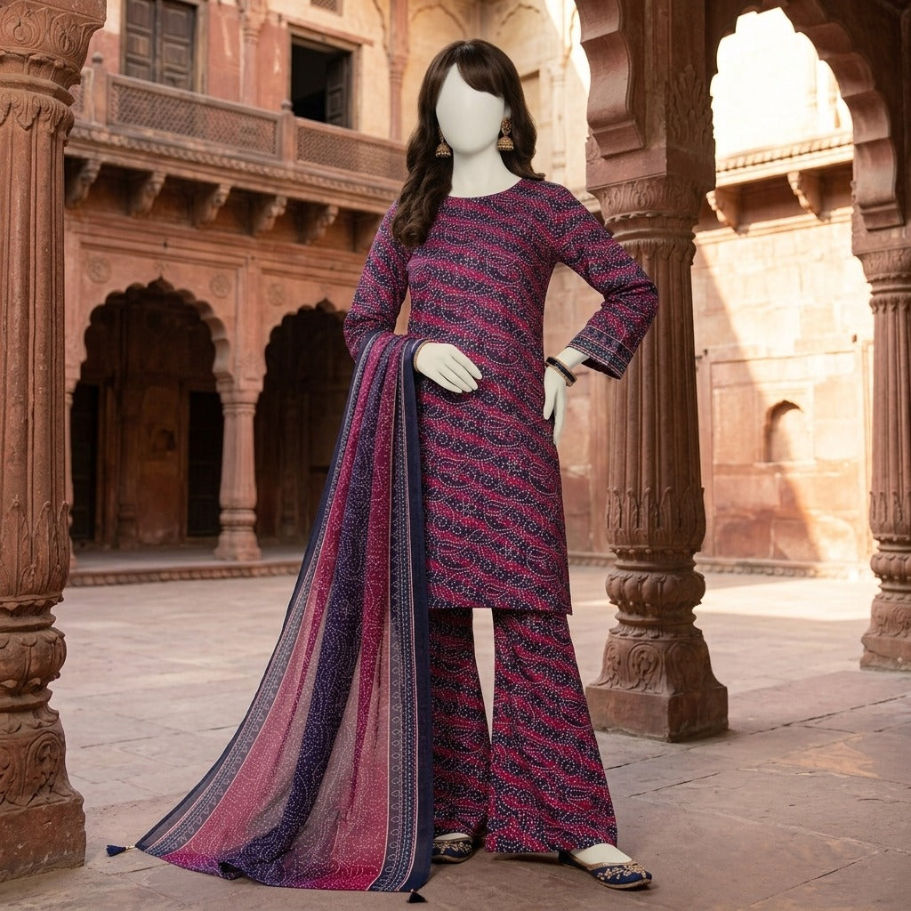 A mannequin wearing a bold, dark-toned traditional printed lawn suit with vibrant patterns.