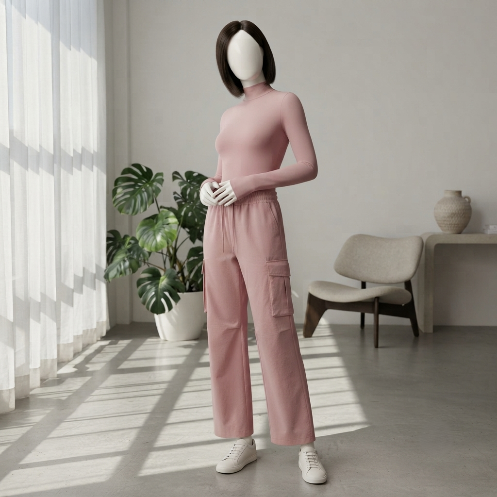 Model wearing aesthetic cargo pants with side pockets, studio setting.