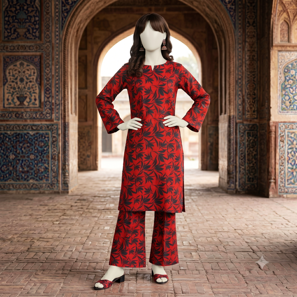 Mannequin wearing an elegant 2-piece unstitched cotton-silk suit with intricate print, ZH2 Store.