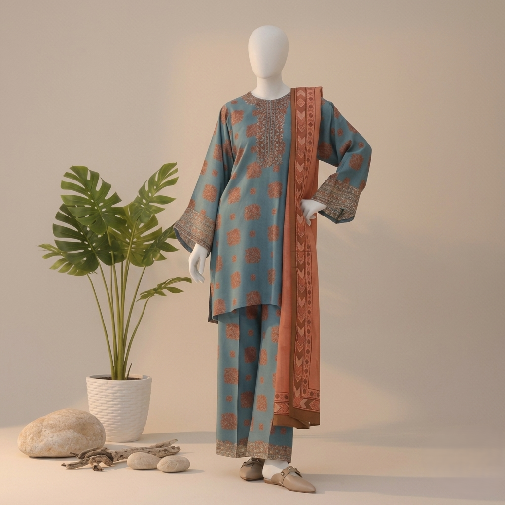 Premium 3-piece embroidered unstitched lawn suit collection by ZH2 Store, featuring a 2.2-meter shirt, 2.4-meter dupatta, and 2.3-meter trouser fabric with intricate floral and ethnic designs displayed on a mannequin.