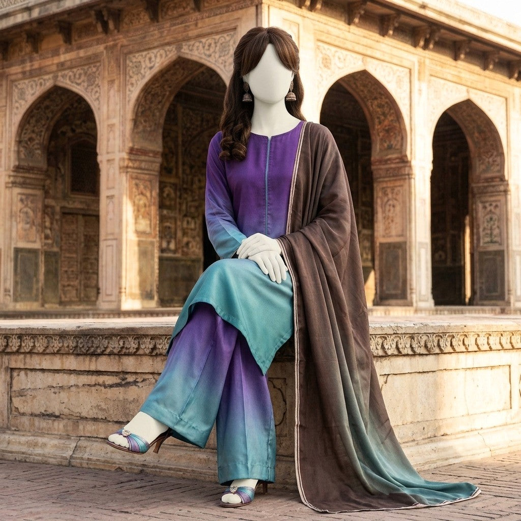 A mannequin seated in a traditional setting, highlighting the deep purple-to-teal gradient silk 3-piece unstitched suit and matching dupatta.