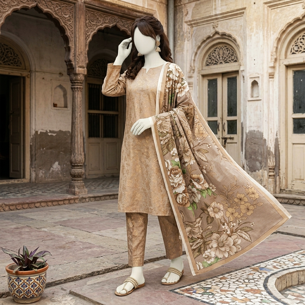Warm bronze-beige base with detailed self-print