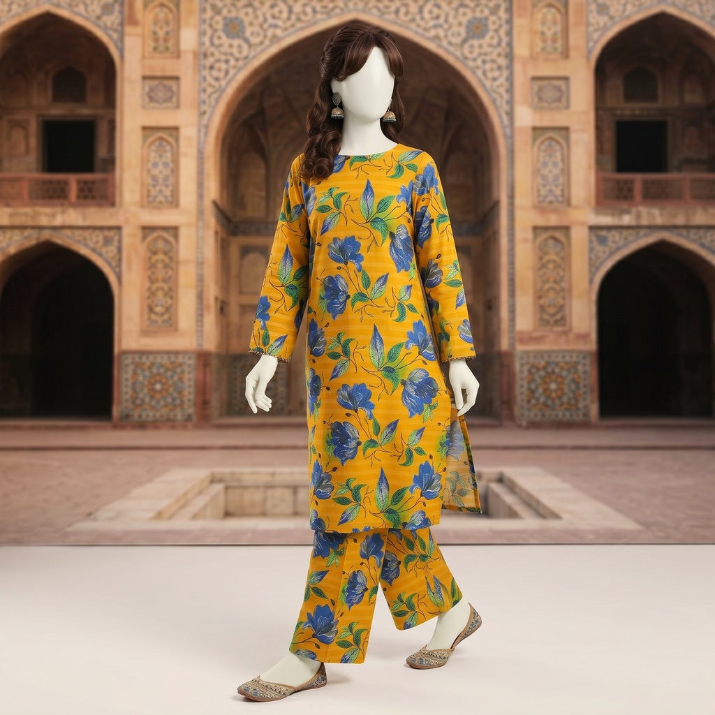 ZH2 Store premium 2-piece unstitched cotton silk suit with floral print.