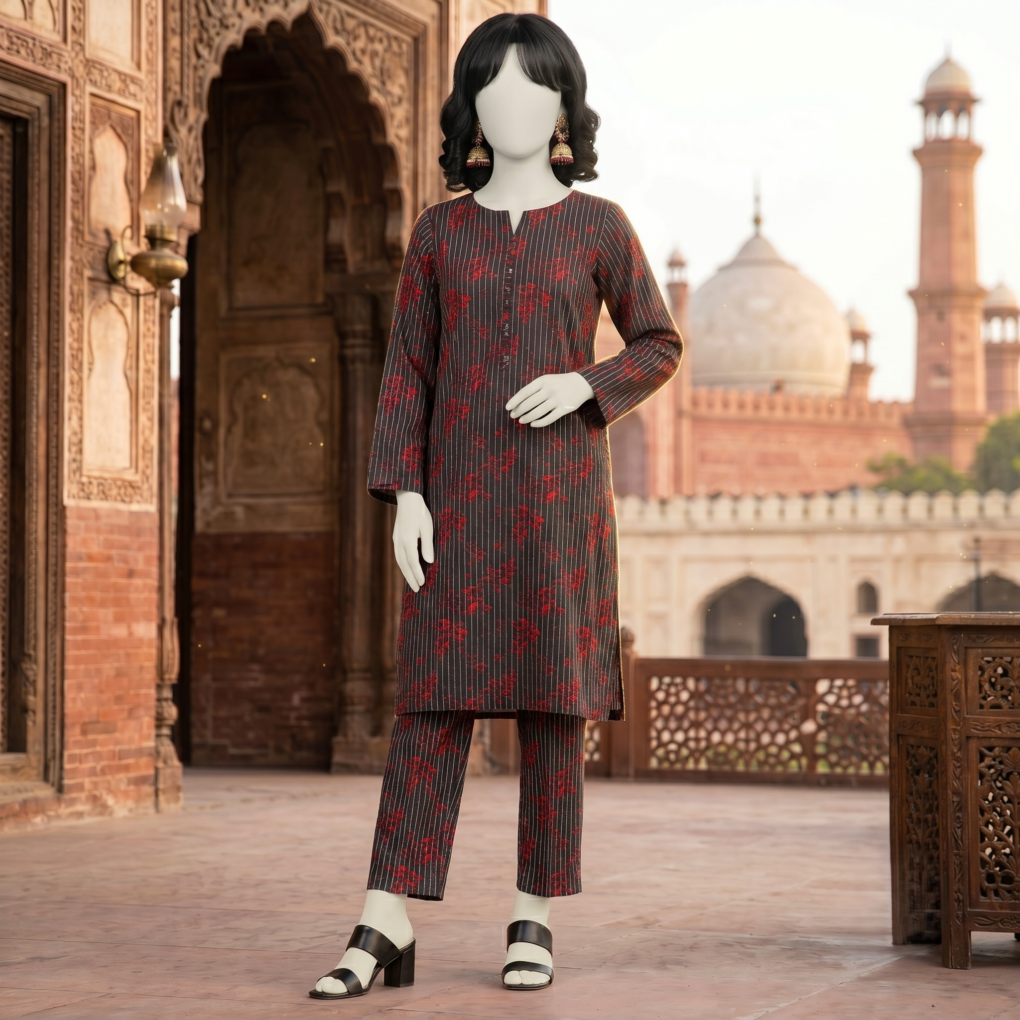 "view of an unstitched black floral cotton 2-piece suit - ZH2 Store"