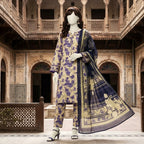 A mannequin showcasing a navy blue and cream floral printed 3-piece unstitched lawn suit.