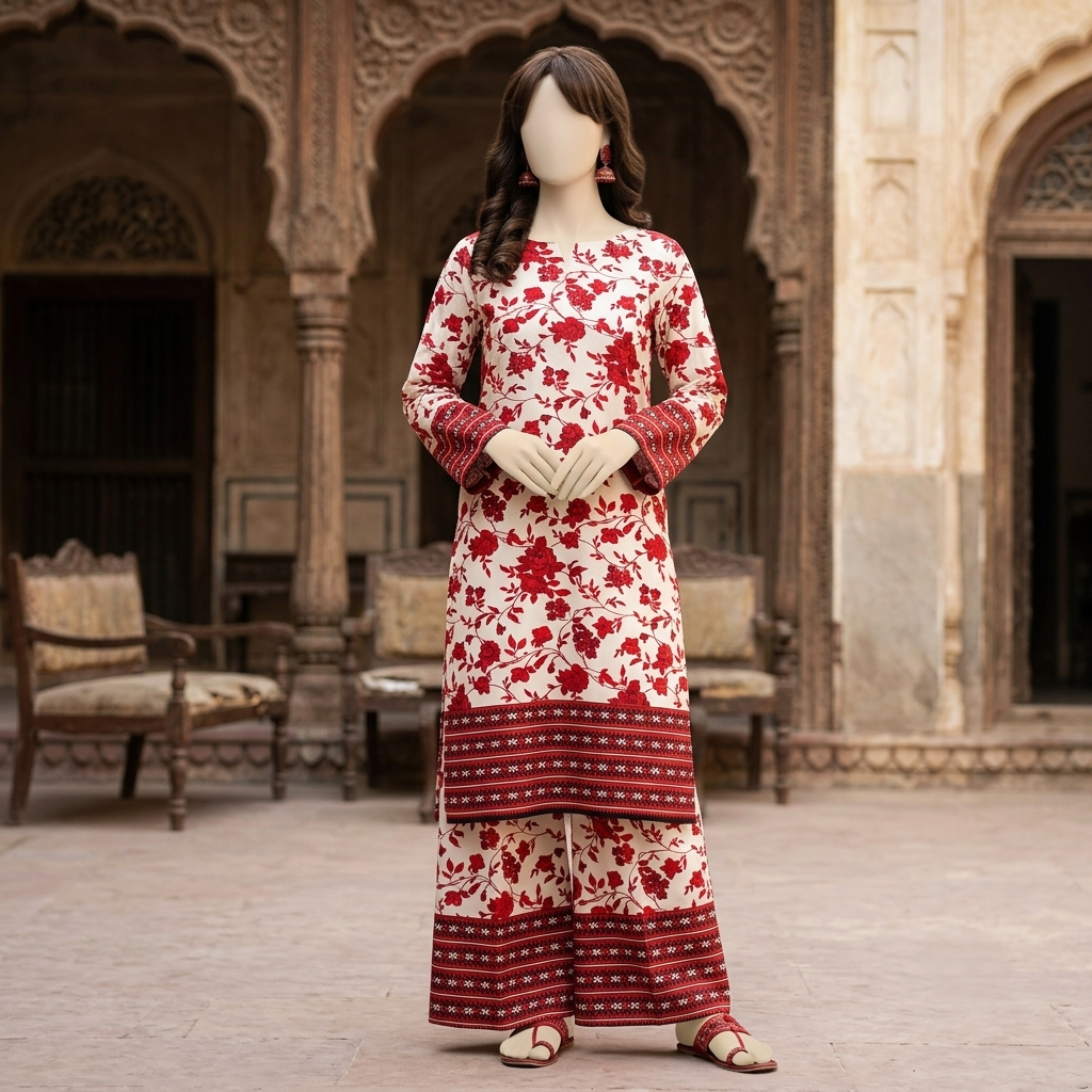 Mannequin wearing a vibrant red and cream floral unstitched 2-piece cotton silk suit with a distinct chunri border.