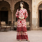 Mannequin wearing a vibrant red and cream floral unstitched 2-piece cotton silk suit with a distinct chunri border.
