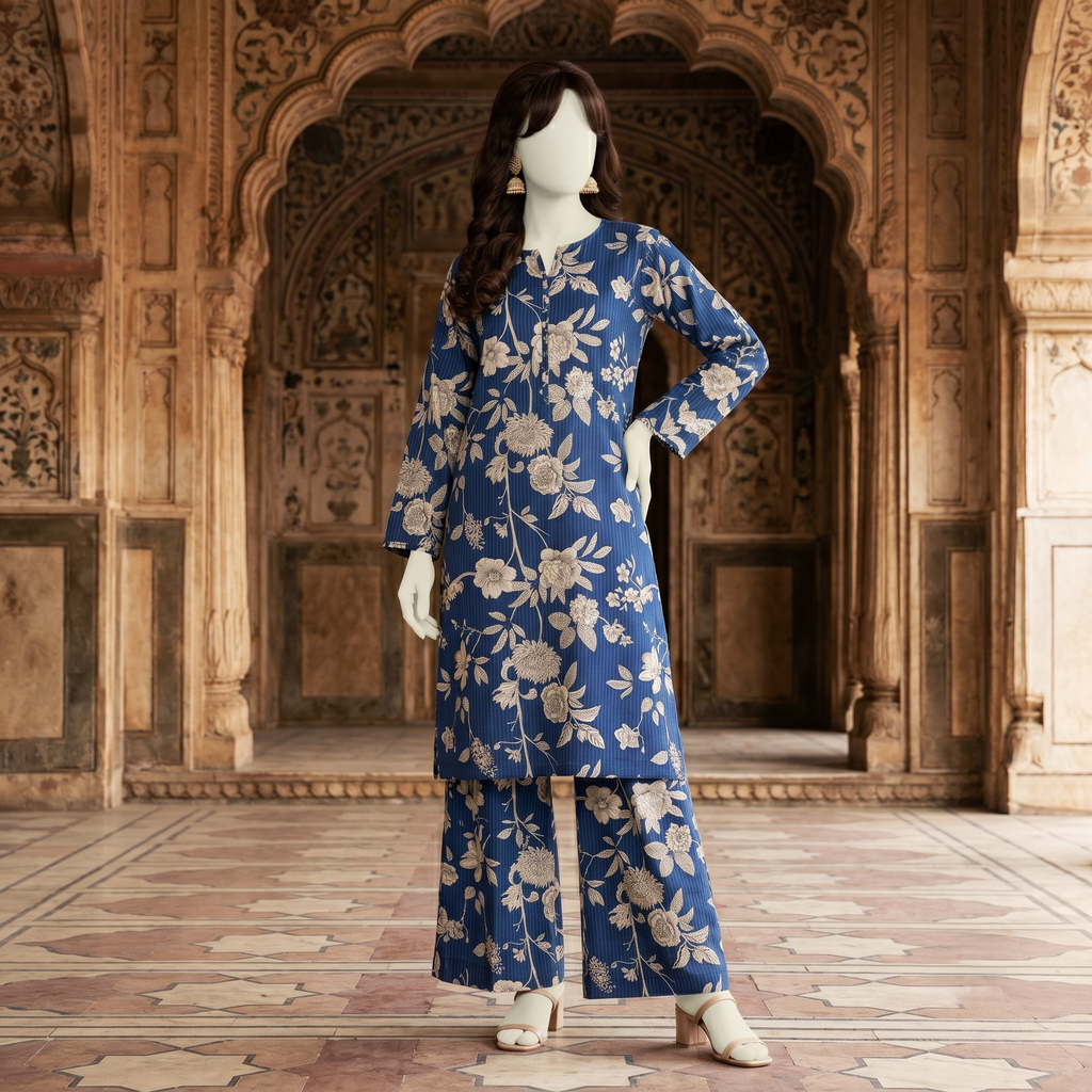 Woman’s printed cotton silk 2-piece unstitched suit, vibrant floral design, ZH2 Store collection.