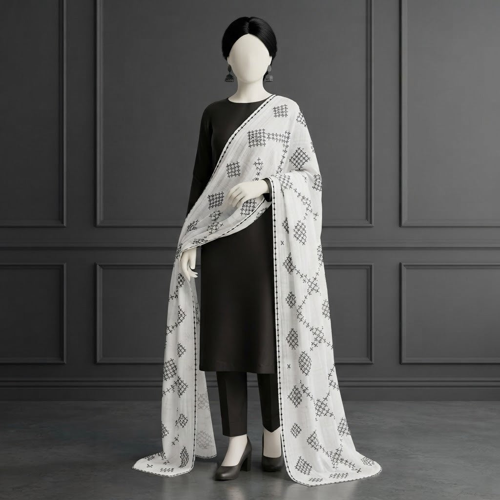 Mannequin wearing a black dress paired with a white and black geometric embroidered chaddar