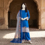 A mannequin displaying a vibrant blue 3-piece unstitched silk floral suit with delicate floral detailing on the dupatta and hem.