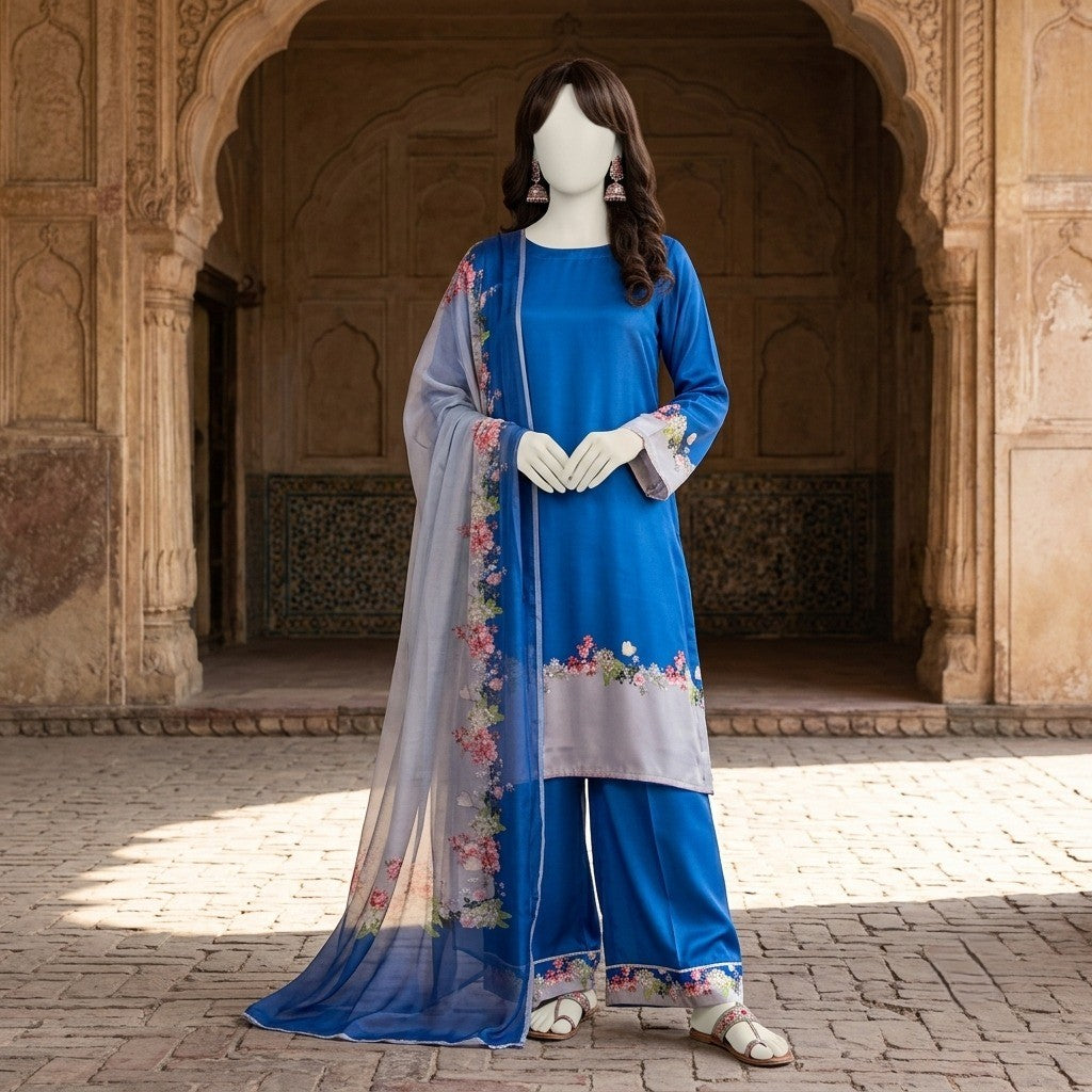 A mannequin displaying a vibrant blue 3-piece unstitched silk floral suit with delicate floral detailing on the dupatta and hem.