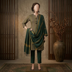 Premium olive green unstitched 3-piece traditional suit by ZH2, displaying a striped shirt fabric, dark green trousers, and a gold-bordered matching dupatta drape.