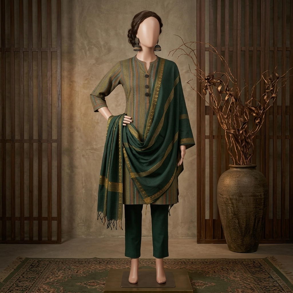 Premium olive green unstitched 3-piece traditional suit by ZH2, displaying a striped shirt fabric, dark green trousers, and a gold-bordered matching dupatta drape.