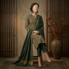 Premium olive green unstitched 3-piece traditional suit by ZH2, displaying a striped shirt fabric, dark green trousers, and a gold-bordered matching dupatta drape.